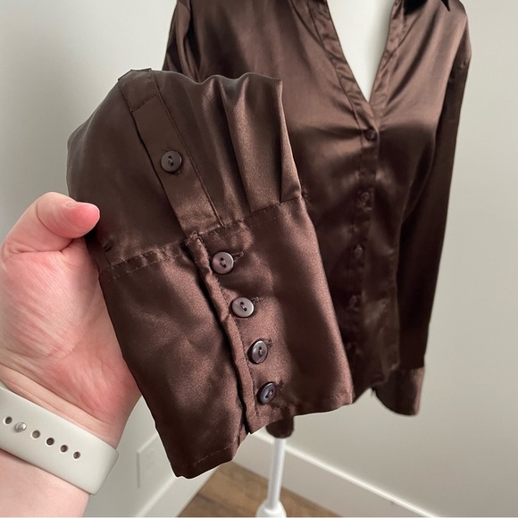 Vintage Y2K Brown Satin Button Down Long Sleeve Top Size Large Old Money - Picture 4 of 8